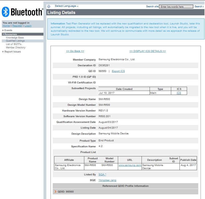 Samsung Smartwatch SM-R600 ha ricevuto la certificazione Bluetooth